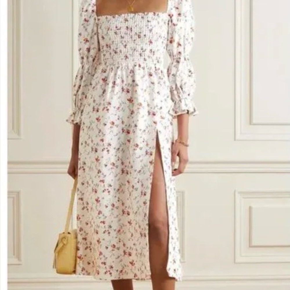 Reformation Cream and Red Floral Smocked Top